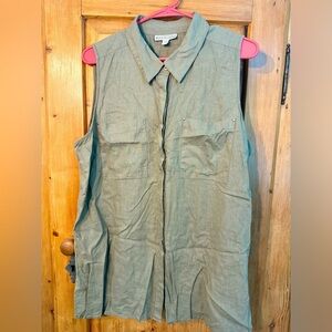 Dana Bachman Olive/Khaki Sleeveless Linen Blend Button Down Shirt Size XXL